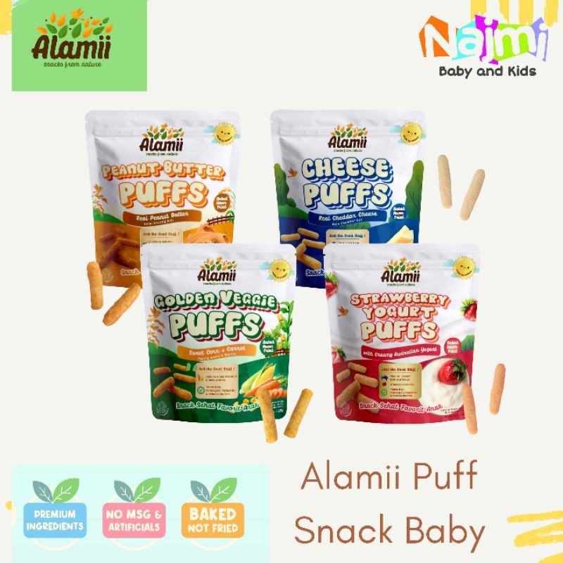 Alamii Natural Puffs 25 gr 30 gr / Snack MPASI Baby Anak / Rasa Peanuts Butter Keju Strawberry Yogurt Golden Veggie