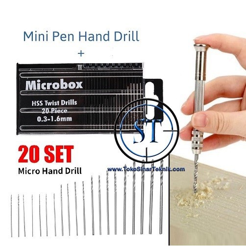 Mini Pen Hand Drill Bor Manual Tangan Bonus 20 pcs Mata Bor Microbox HSS Tekan PCB Set Lubang