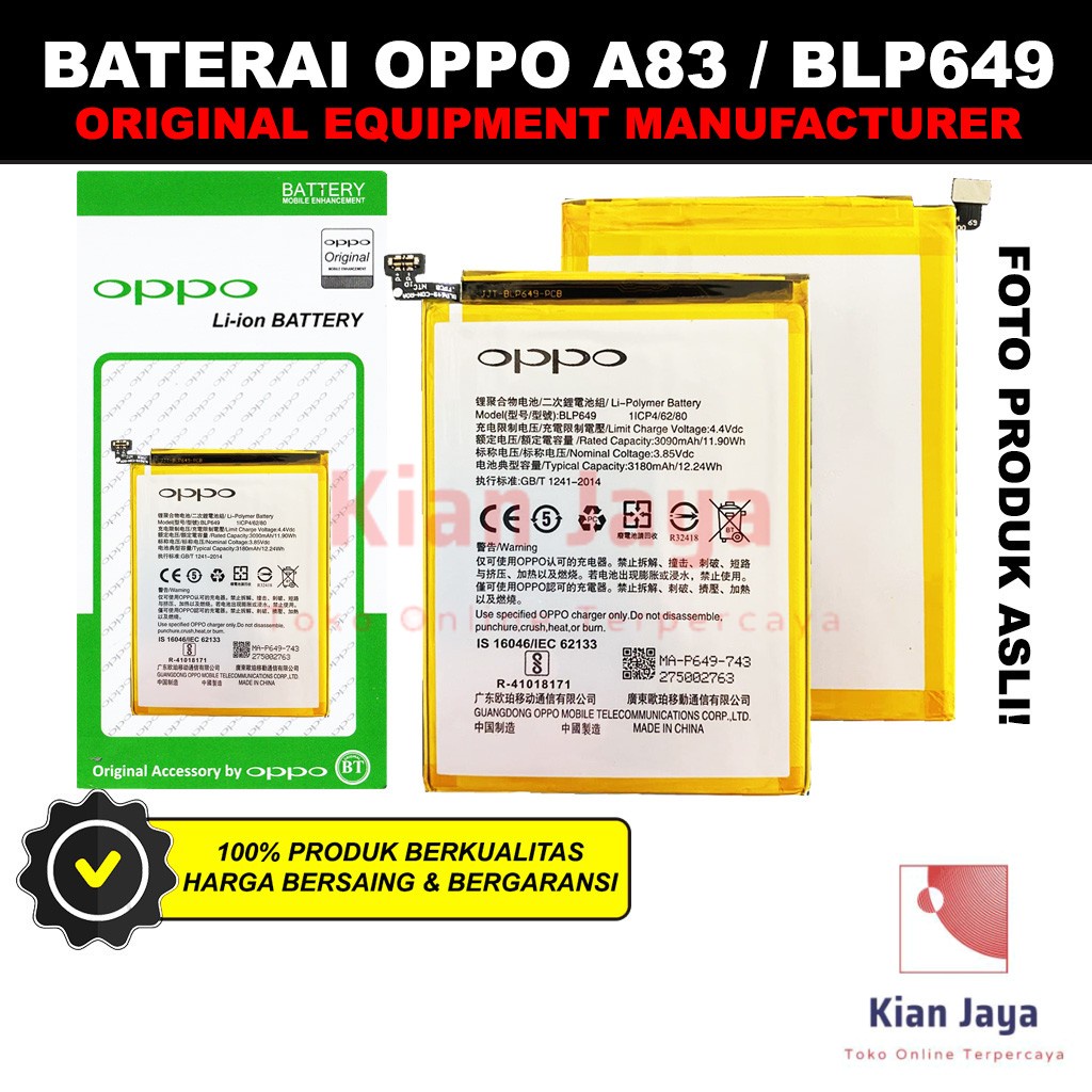 Baterai Oppoo A83 / BLP649 Original OEM Batre Batrai Battery Hp BLP 649 Ori