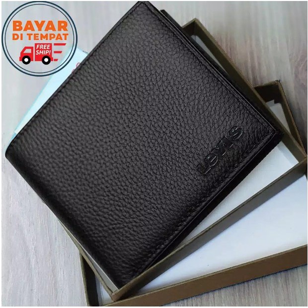 Dompet lipat pria hitam bahan kulit sintetis murah plus box ready