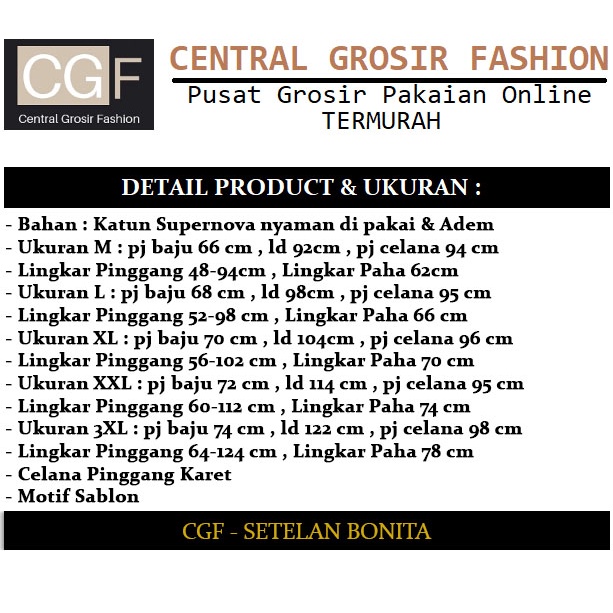 Setelan Bonita - Central Grosir Fashion (CGF) - Ukuran M-3XL - Matt Katun Supernova