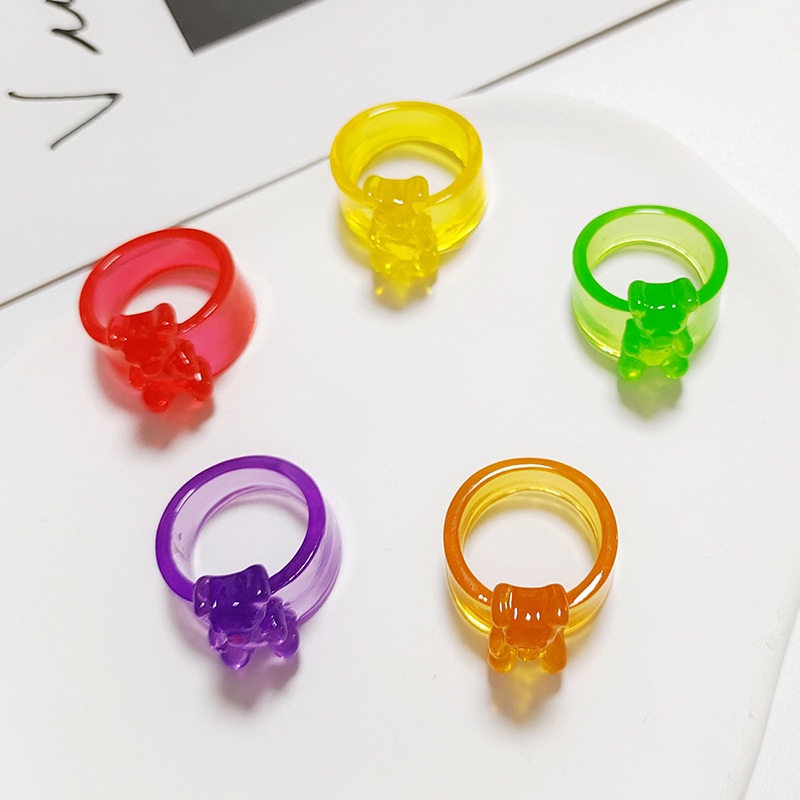 Cincin Bahan Akrilik resin Warna Solid Transparan Bentuk Beruang