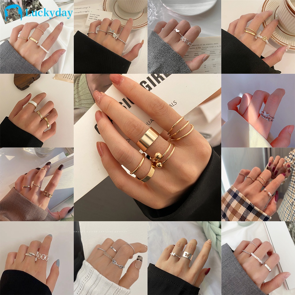 YEEZII 8Pcs/Set Retro Pearl Diamond Ring Set Gold Silver Butterfly Couple Rings Fashion Finger Ring for Women Accessories Jewelry Gift