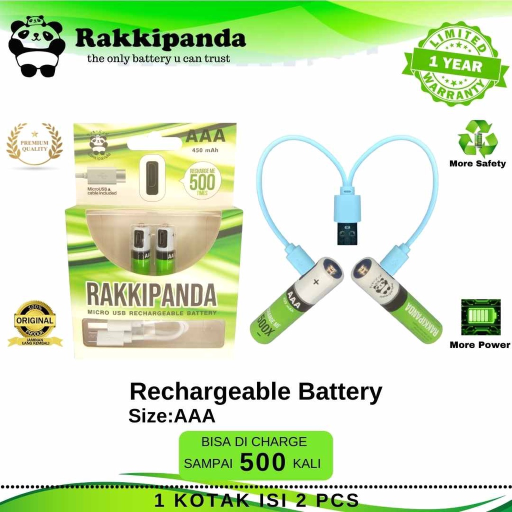 R/K- RakkiPanda - Baterai Cas isi Ulang AAA 1.2V Micro USB Rechargeable Ni-MH Battery Charge