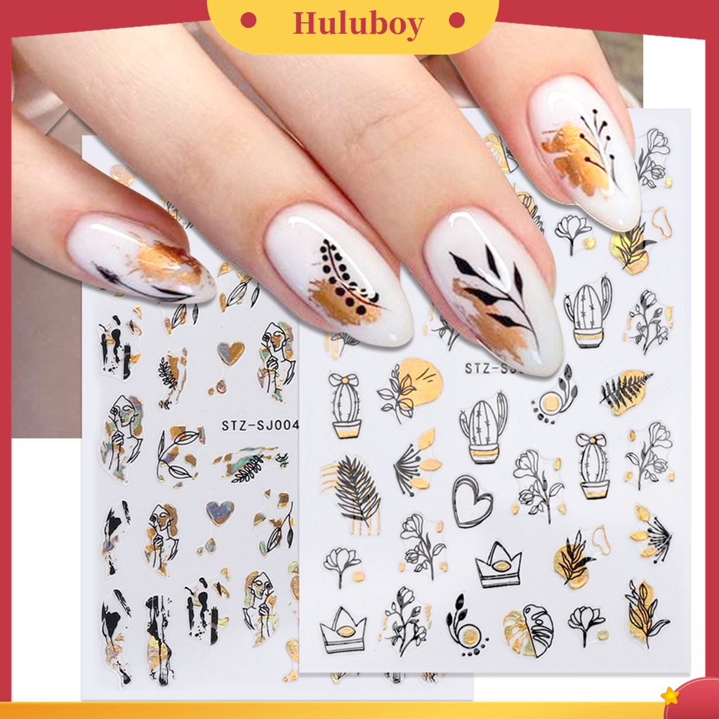 Huluboy Huluboy♡ 9 Pcs Stiker Kuku 3D Motif Print Garis Abstrak Leopard Warna Rose Gold Dengan Perekat