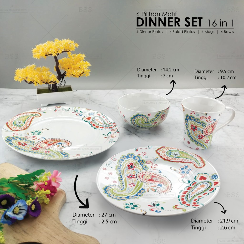 Sango Dinner Set 16 in 1 Pilihan Motif Bunga Warna Floral Melangi Red Agustina Claudette Blue Huang