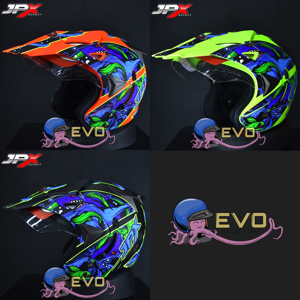 HELM JPX SUPERMOTO MOTIF SHARK JPX SEMICROSS TERBARU ORIGINAL HELM CROSS HALF FACE JPX JP HELMET - ONGKIR 2KG