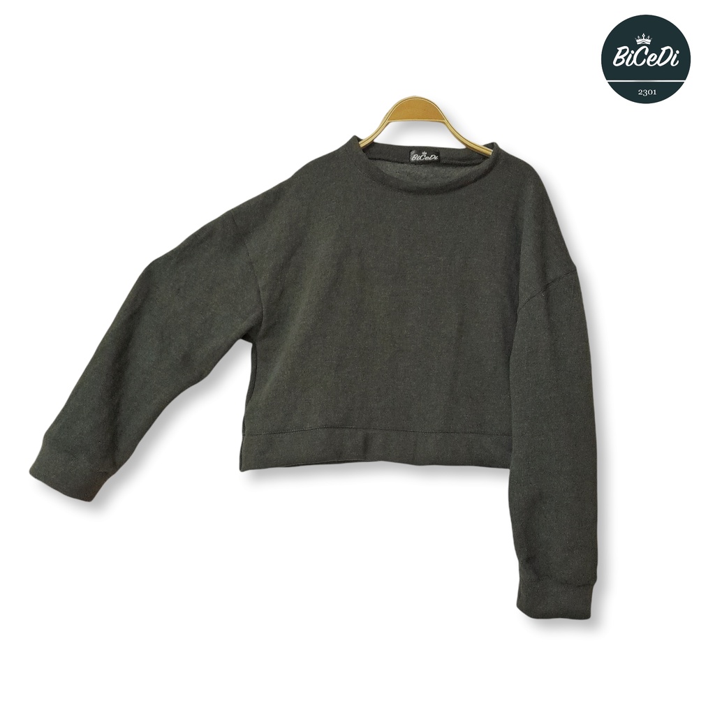 Oversized Sweater Crop Bicedi Sweater Crop Oversized Dark Gray Fleece Cotton Premium Lembut