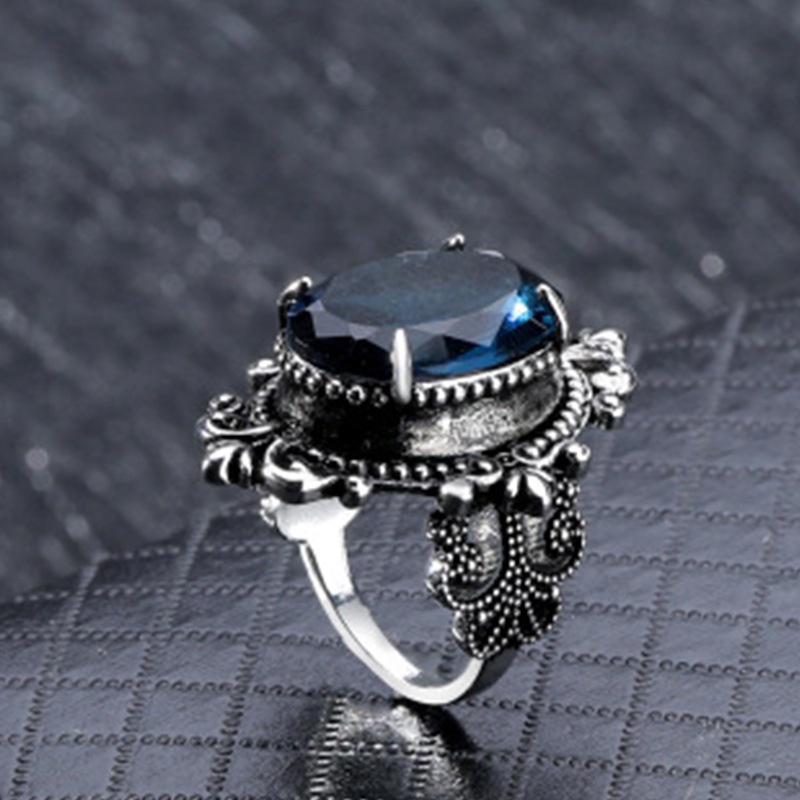 Cincin Silver Antik Hias Batu Topaz Biru Laut Bentuk Oval Bahan Stainless Untuk Aksesoris