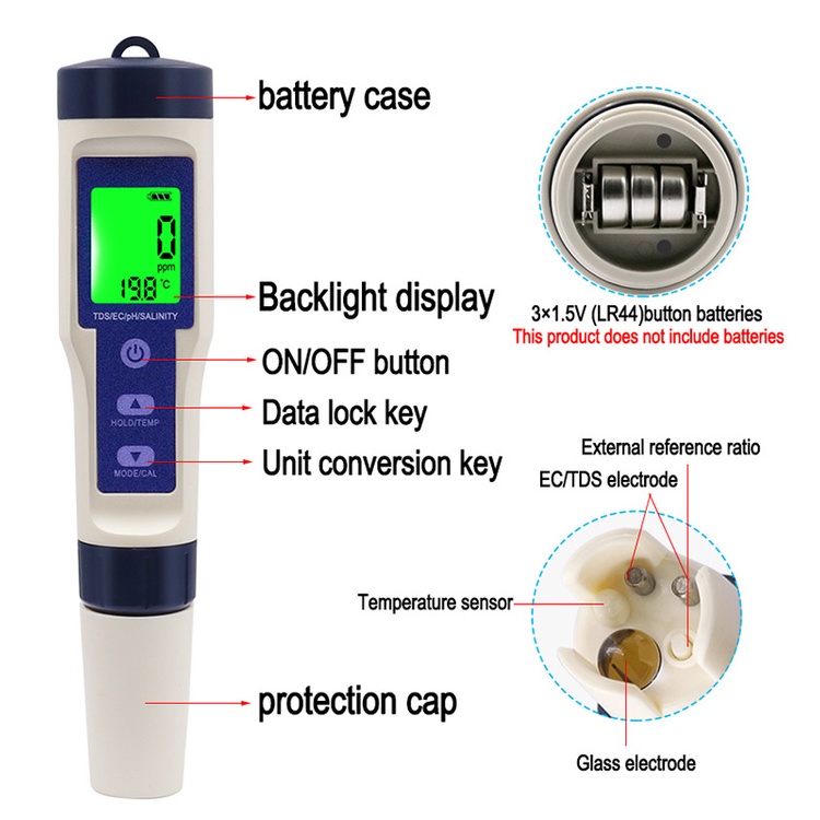 7 In 1 / 5 In1 TDS EC PH Meter Waterproof / Pena Pengukur PPM Kualitas Air Tester Hidroponik Temperature Tester