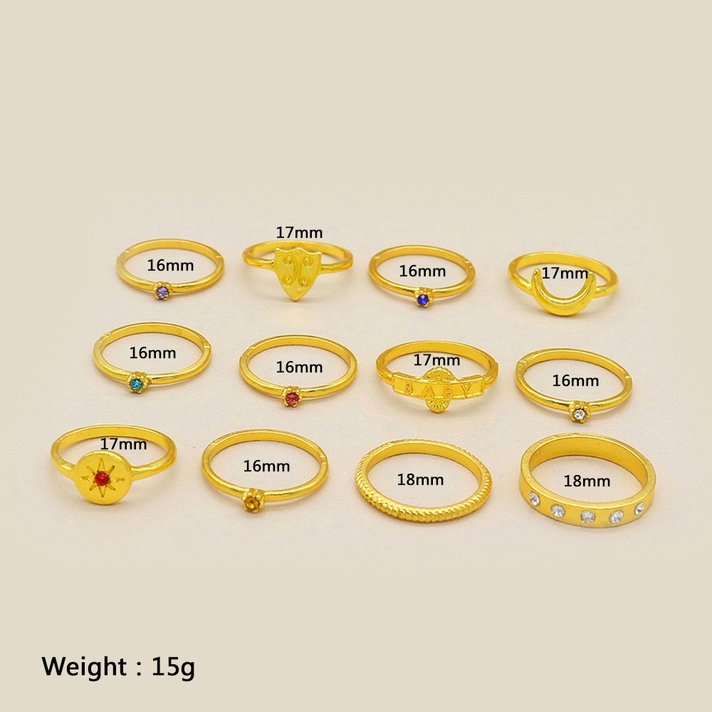 12 Pcs / set Cincin Emas Berlian Warna-Warni Bentuk Matahari Bulan Gaya Eropa Amerika