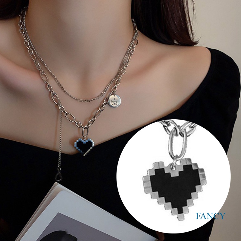 Kalung Rantai Model Double Layer Bentuk Hati Warna Hitam Untuk Wanita