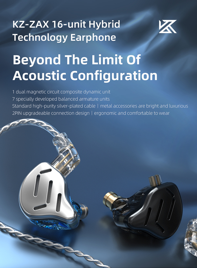 KZ ZAX 7BA+1DD Hybrid In Ear Earphone 16 Drivers Unit HIFI Headset DJ Monitor Earphone Earbuds