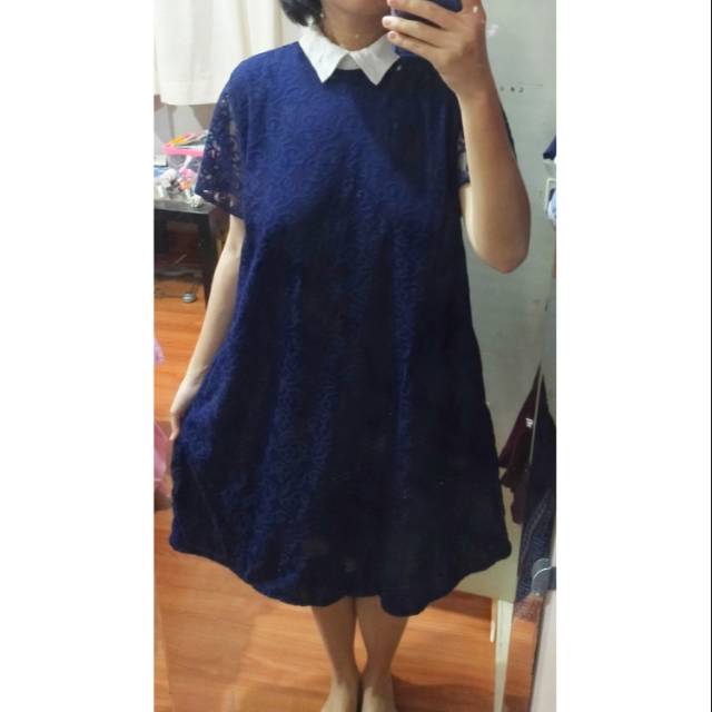 Dress Pendek Midi Berkerah Navy Lengan Pendek Brukat Merek Sale Stock Sorabel XXL