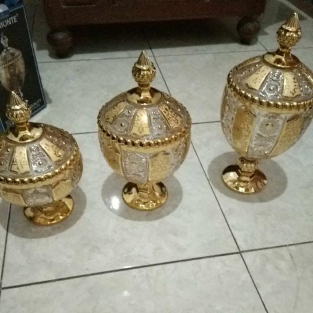 Toples Permen Piala / Toples Kue Piala Gold Set 3 Motif  Batik Ukir