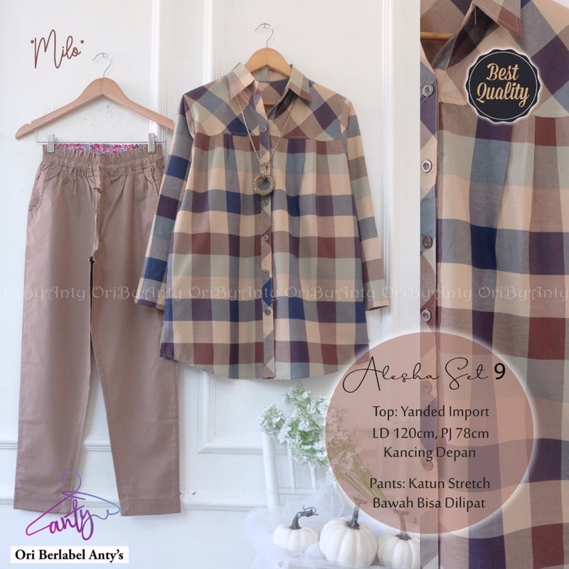 WQ65TY ALESHA SET 9 ORI BY ANTY’S SETELAN WANITA MOTIF KOTAK TUNIK SET MURAH BAHAN YANDED IMPORT BUS