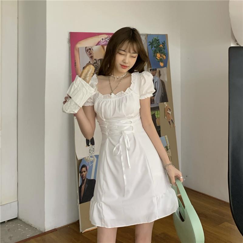 ﹉ putih gaun lengan engah wanita Perancis kerah persegi kecil gaun cinta pertama rok pendek