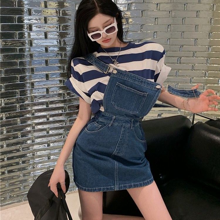 Denim suspender rok wanita musim panas pinggang chic desain Perancis kecil pinggang tinggi ramping r