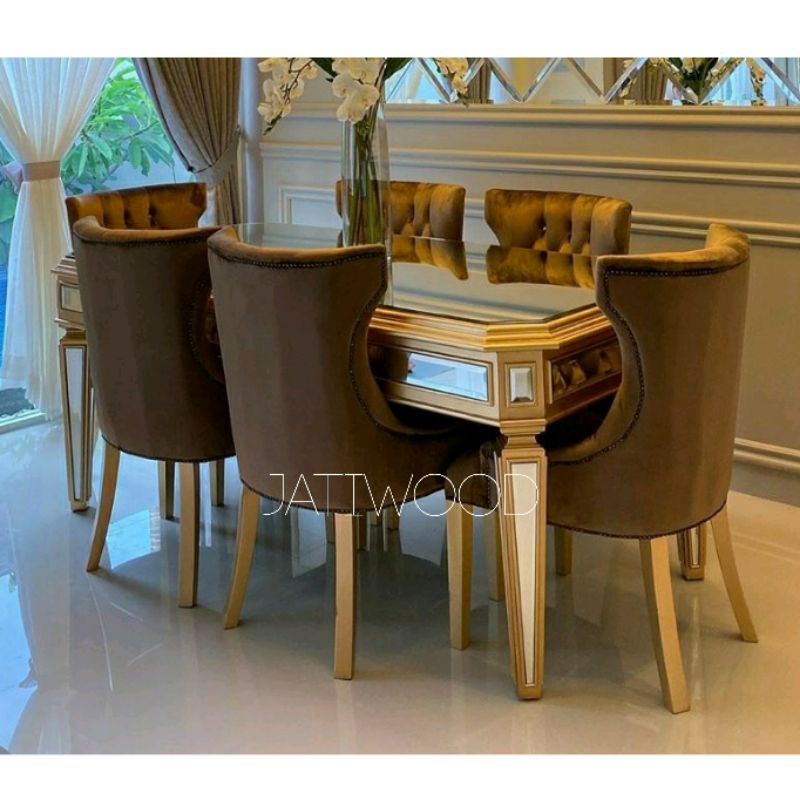 Meja makan minimalis modern kombinasi kaca, kursi makan duco mewah terbaru