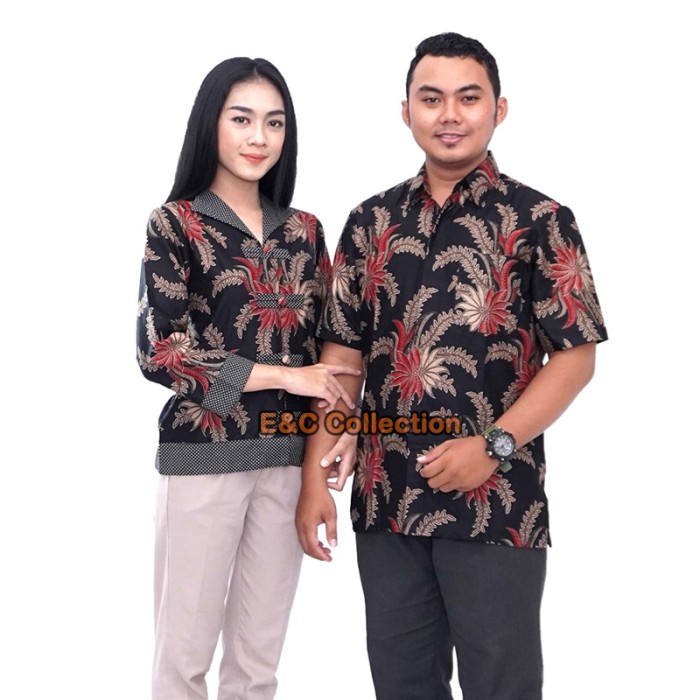 Couple Batik Atasan Batik Polkadot Kombinasi Blouse Batik Modern Hem Pria