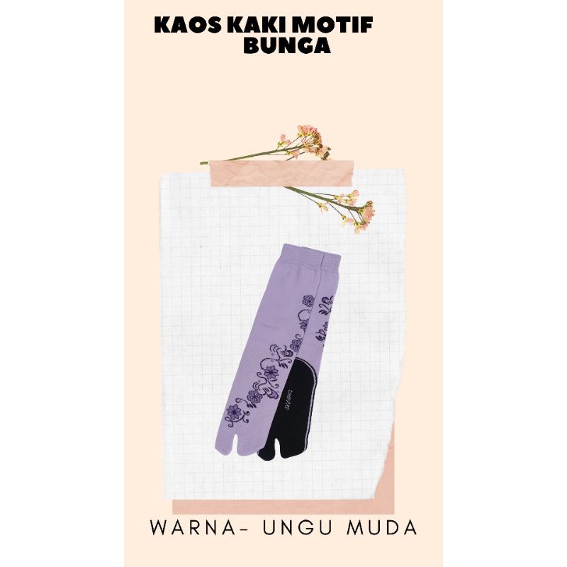 KAOS KAKI JEMPOL NYLON MOTIF BUNGA MUSLIMAH DEWASA TAPAK HITAM-Bunga Ungu muda