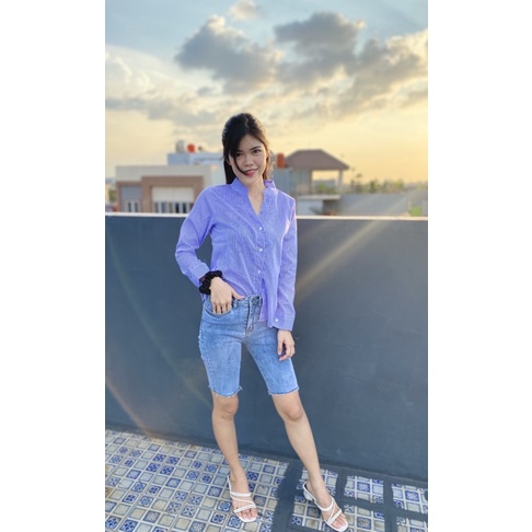 FDM-FN- Kem Ainy kemeja wanita salur bahan katun fit L 1F-BIRU UK XL