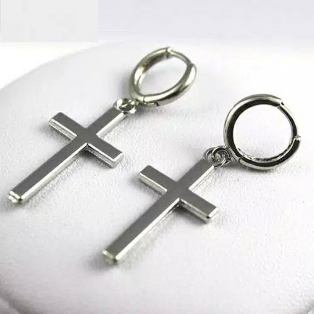 Anting Salib Menjuntai Hoop Earring Cross Dua Warna