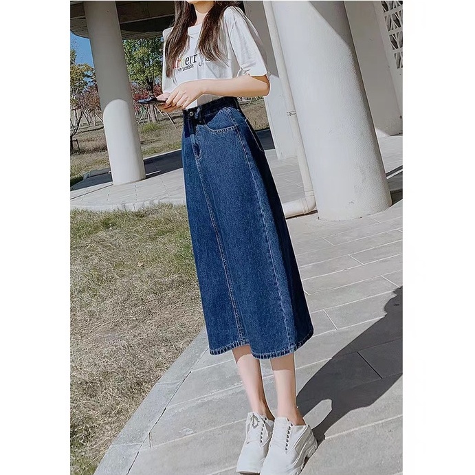 New Korean Rok Jeans Panjang Wanita kembali Slit skirt midi