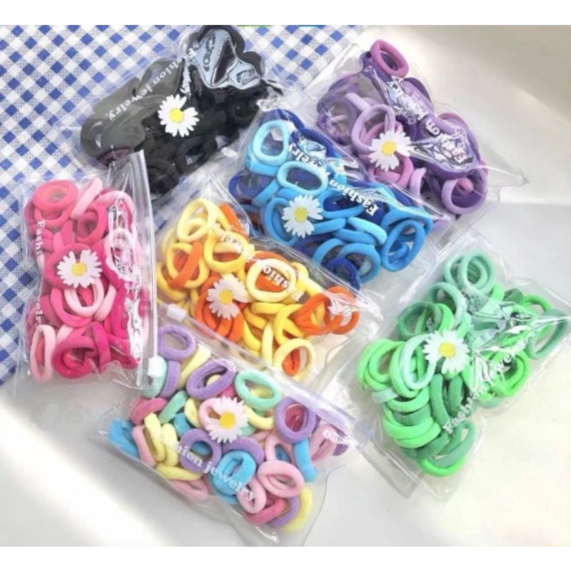 [COD] 50 pcs Free Pouch Ikat Rambut Donat Ikat Rambut Korea Warna Warni Rainbow kunciran Rambut Kuncir Rambut Wanita