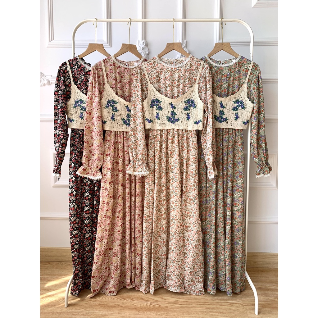 Yubin Maxi Floral Dress with Floral Vest 2 in 1 Set / Gamis Casual Wanita Motif Bunga dengan Rompi Bunga Rajut Import