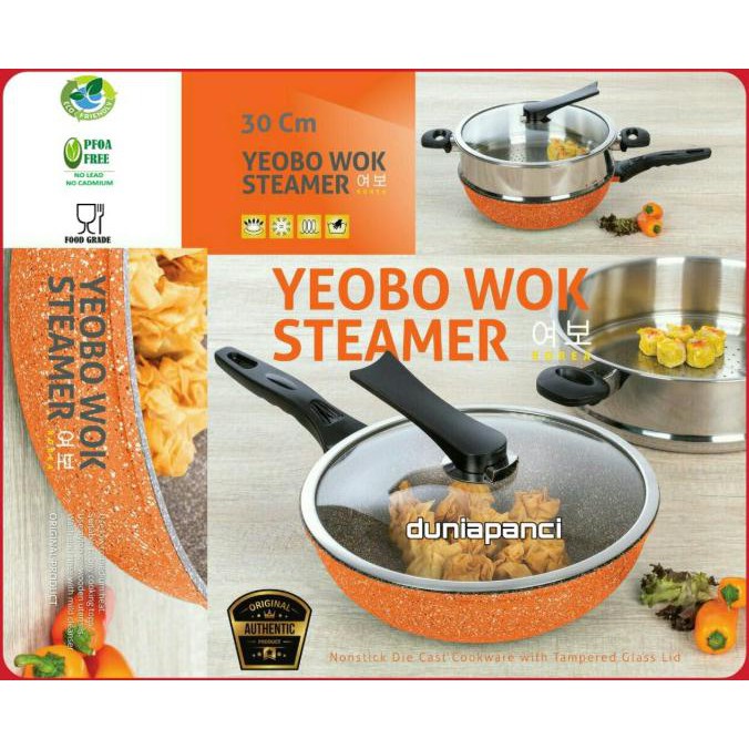 Promo Bulan Ini Panci Wok Pan New Yeobo Korea Granite Orange 30Cm + Steamer Stainless Trendi