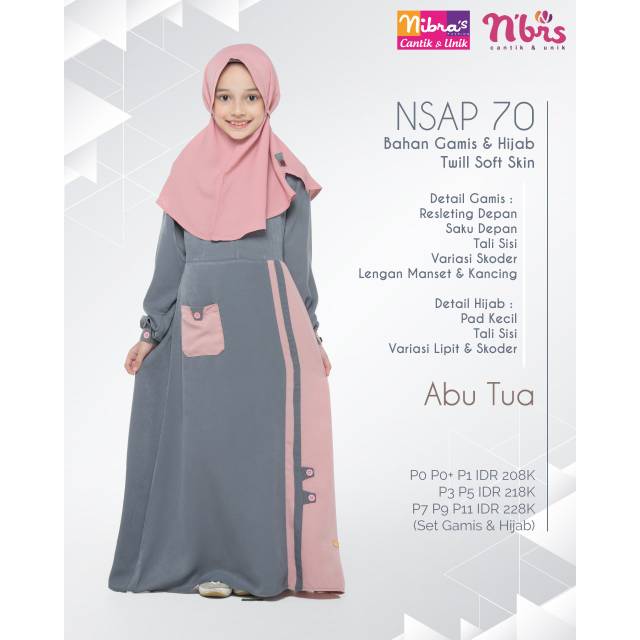 Set gamis anak nibras nsap 70 Abu tua coklat milo