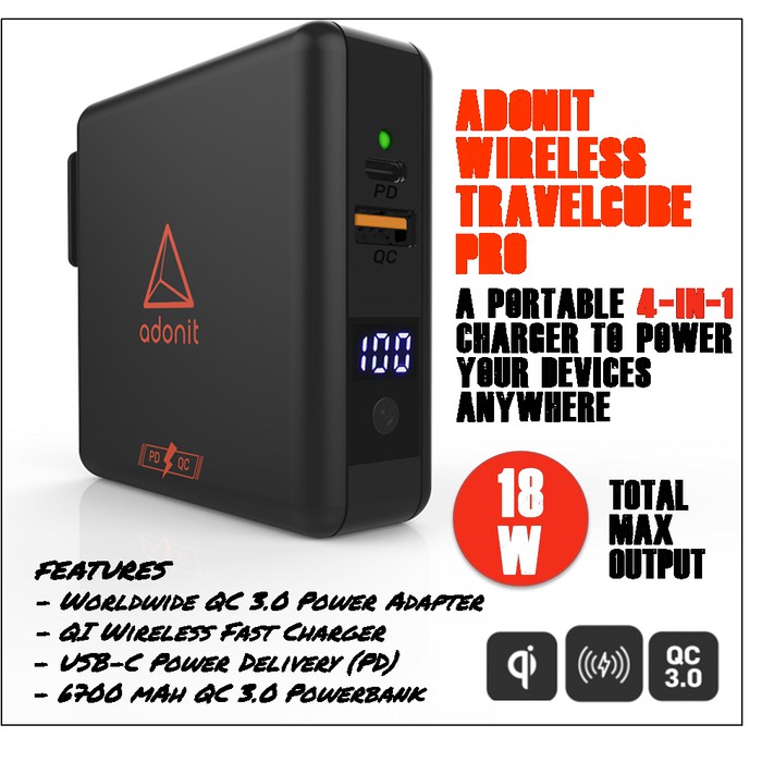 Adonit Travel Cube PRO 4 In 1 Charger Wireless Powerbank 6700mAh USB Type C