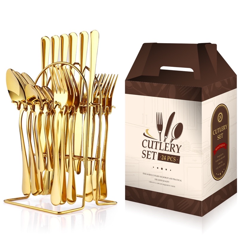 stainless steel cutlery set full gold with hanger sendok