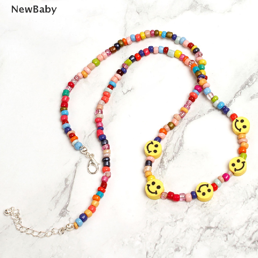 Kalung Choker Rantai Manik-Manik Motif Smiley Face Warna-Warni Gaya Boho Untuk Wanita