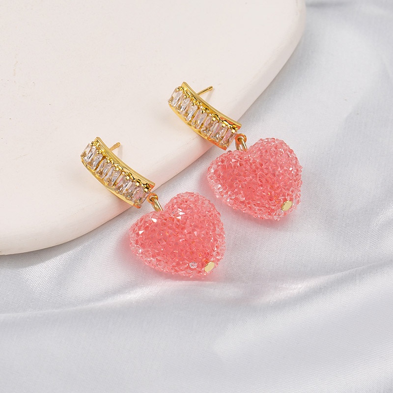 Anting Bentuk Hati Warna Pink Aksen Berlian Imitasi