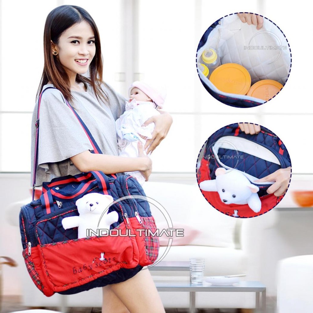 Tas Baby Scots Embroidery Diaper Bag Large with Bear Doll ISEDB011 Tas Bayi Perlengkapan Bayi