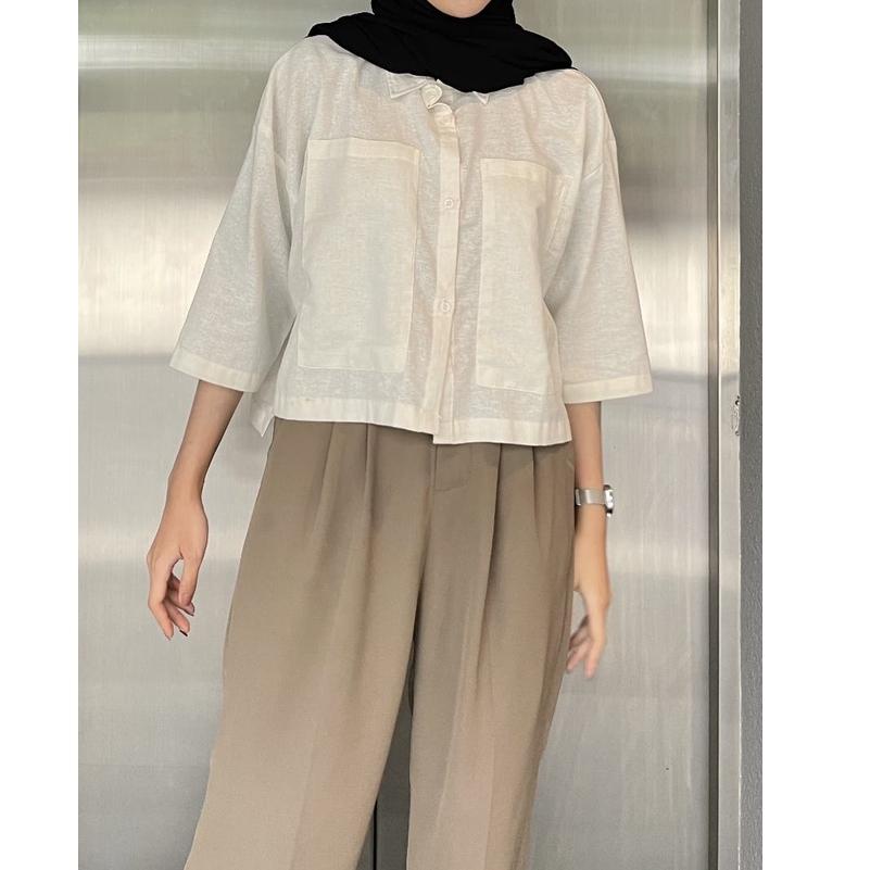 Rumah Polos Kemeja Crop Linen Pocket - Oversized Shirt Linen - Outer Crop Linen - Atasan WanitaKDT.2