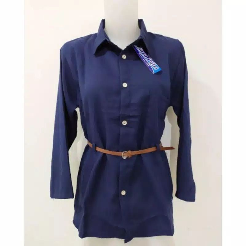Kemeja Wanita Atasan Blouse Casual Polos Lengan Panjang Kekinian Bahan Moscrep Free belt model Korea-1