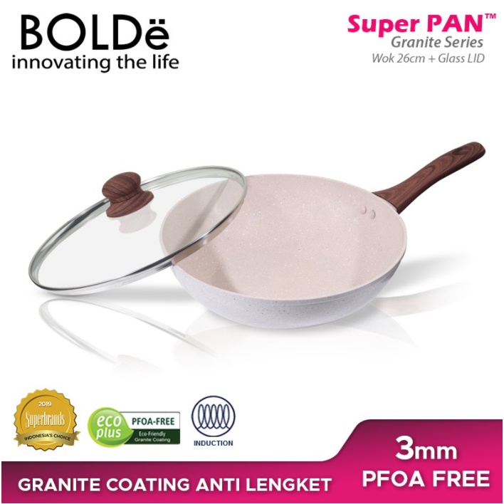 Bolde Super Pan Panci Granite Wok 26 cm + Tutup Kaca / Lid Glass - Beige