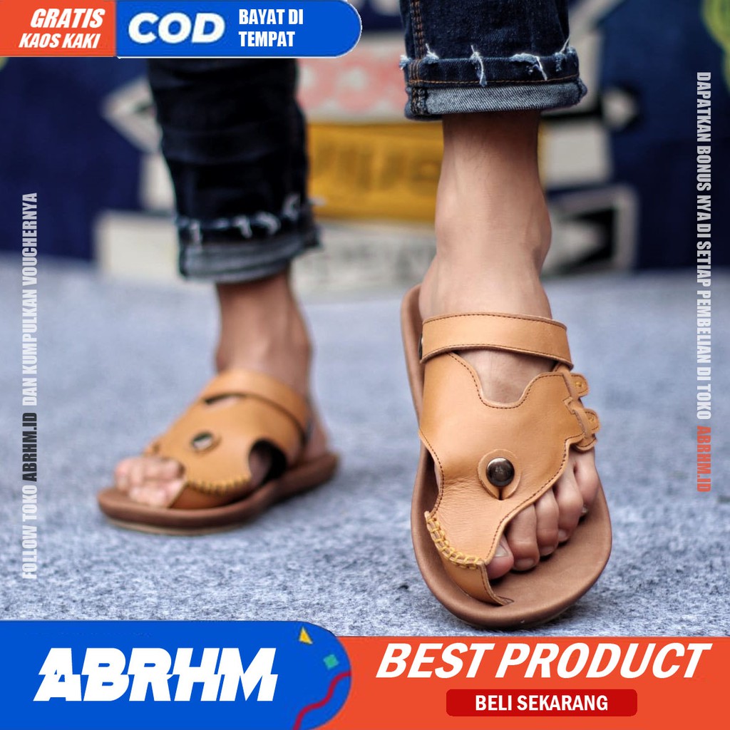 ABRHM x LUCKY Sandal Jepit Pria Sandal Pria Kulit Asli Sendal Jepit Cowok / Cowo Keren Ori Kekinian