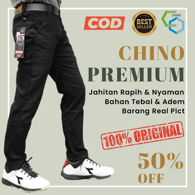 Celana Chino Chinos Pants Panjang Slim Fit Denim Casual Formal Cardinal Selvedge Pria Reguler HITAM