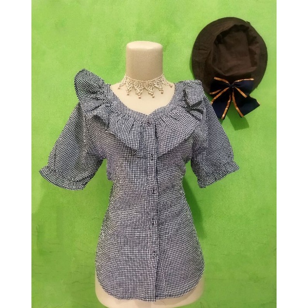 kemeja plastic island kotak-kotak / kerah ruffle