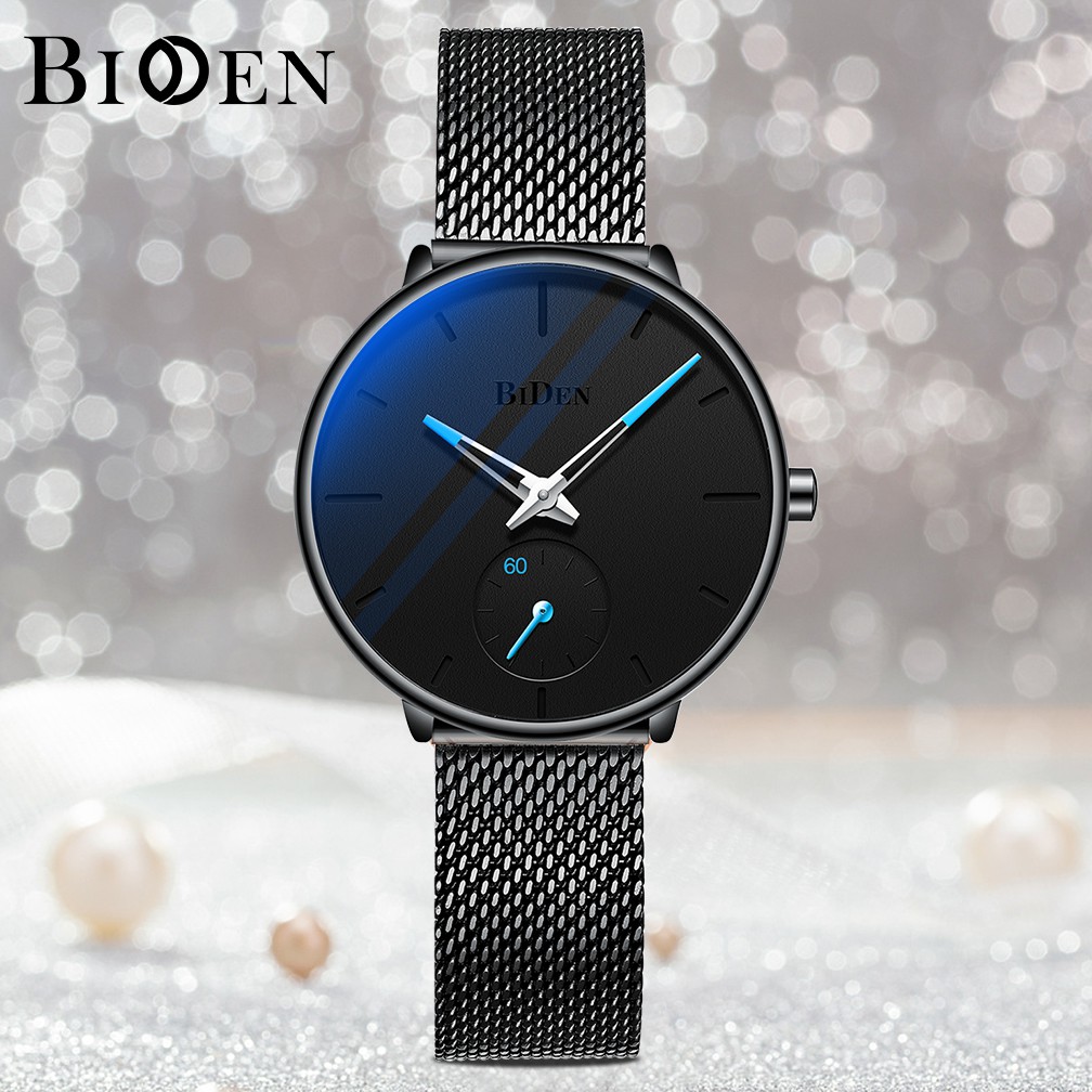 BIDEN Jam Tangan Wanita Simple Dial Santai Mode Tali Jala Tahan Air Kuarsa Jam Tangan Cewek-Black