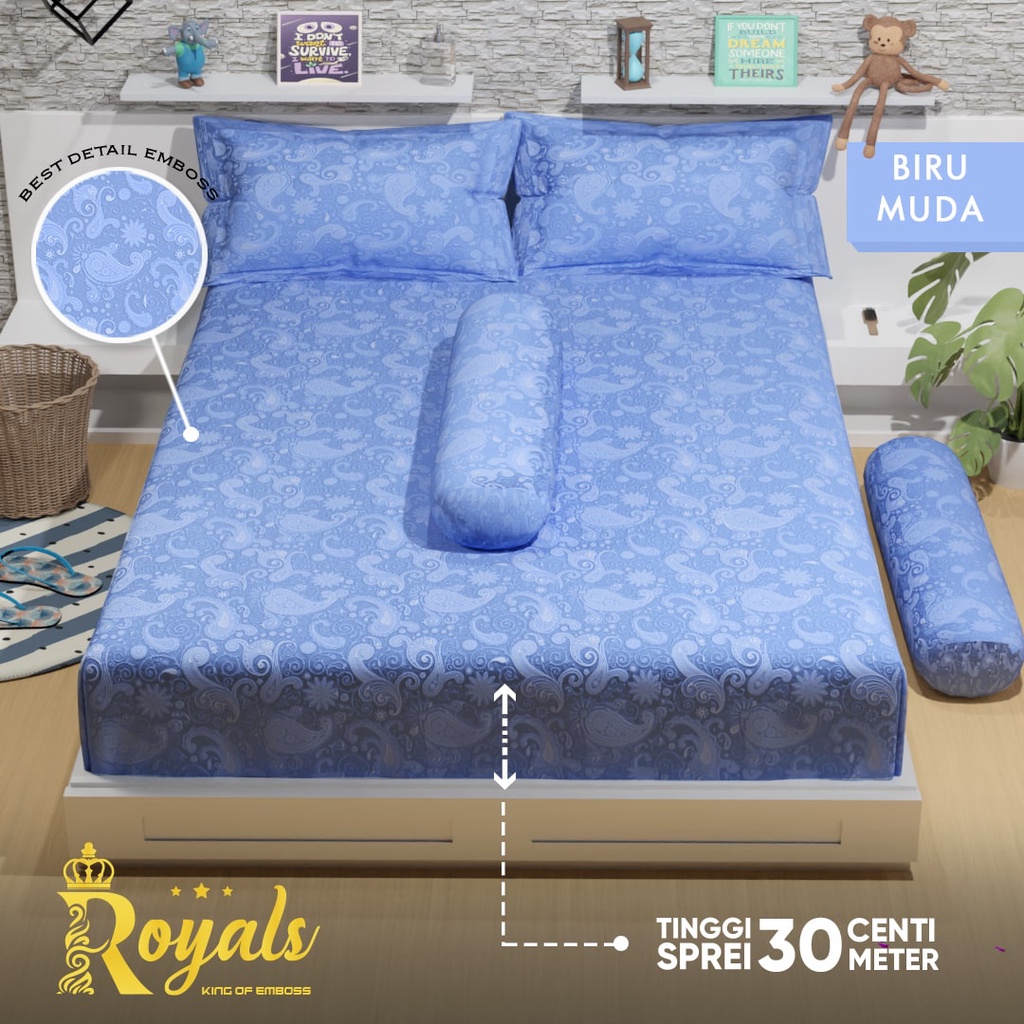 Royals Emboss BedCover SET Sprei Uk 160/180 - Biru Muda