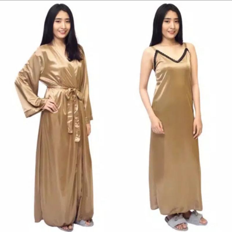 Fk1339 Robe Kimono & Babydoll Long Panjang Dress Bride Lingerie Seksi Set Satin Gold Emas Kuning