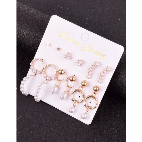 LRC Anting Set Fashion Pearl Geometric Circle Pearl Earrings Set V35410