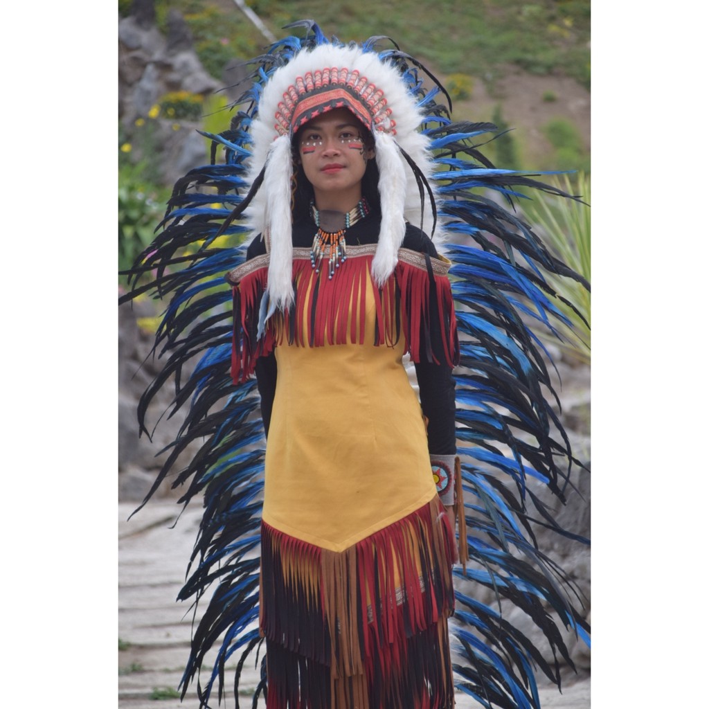 TOPI INDIAN - INDIAN HEADDRESS LONG AYAM BILABONG BIRU FUR PUTIH