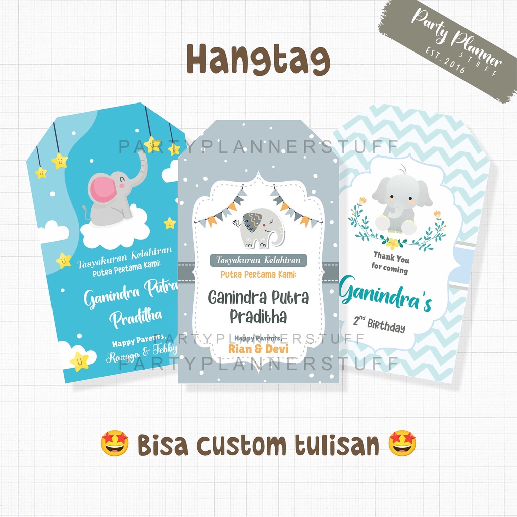 Hangtag / tag souvenir tema baby elephant tema gajah kartu ucapan tasyakuran aqiqah / selapanan / ta