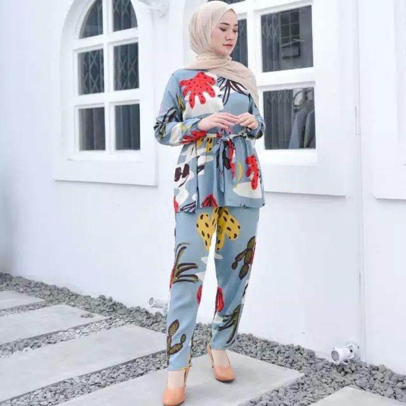 Babydoll Bali Panjang Motif Kaktus Ruffle